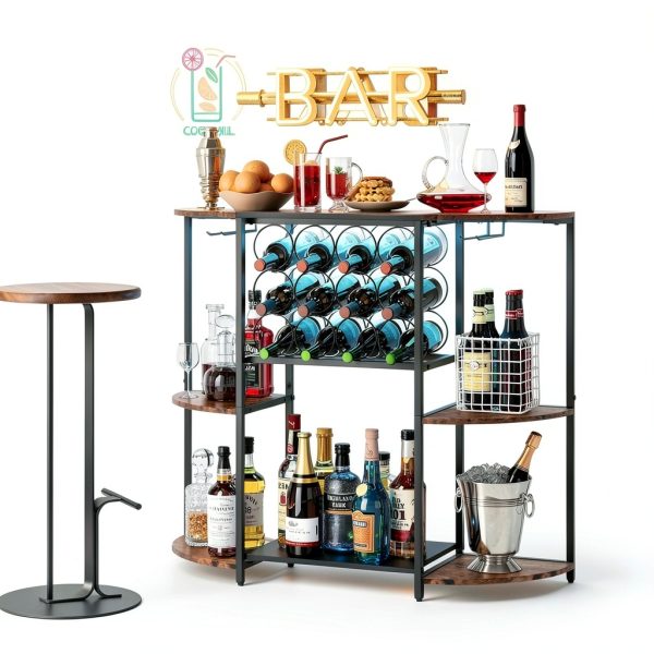 JKsmart Rustic Brown Wine Bar Cabinet LED Lights Storage-4