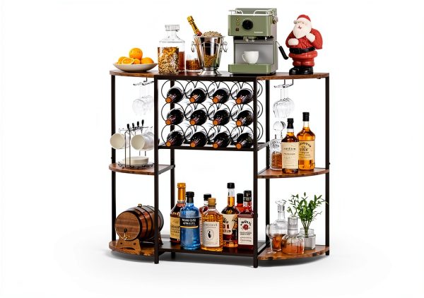 JKsmart Rustic Brown Wine Bar Cabinet LED Lights Storage-5