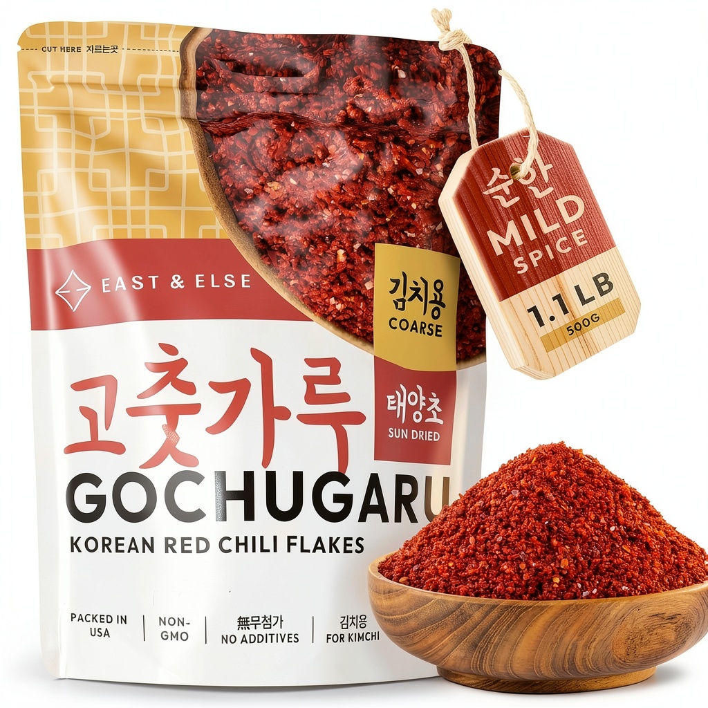 East and Else Coarse Chili Flakes in resealable bag with kimchi ingredients