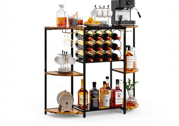 JKsmart Rustic Brown Wine Bar Cabinet LED Lights Storage-2