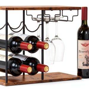 LIANTRAL Wine Rack Brown Black Rustic Style 6 Bottles-0