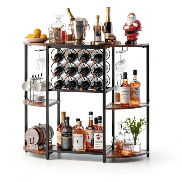 JKsmart Rustic Brown Wine Bar Cabinet LED Lights Storage-0