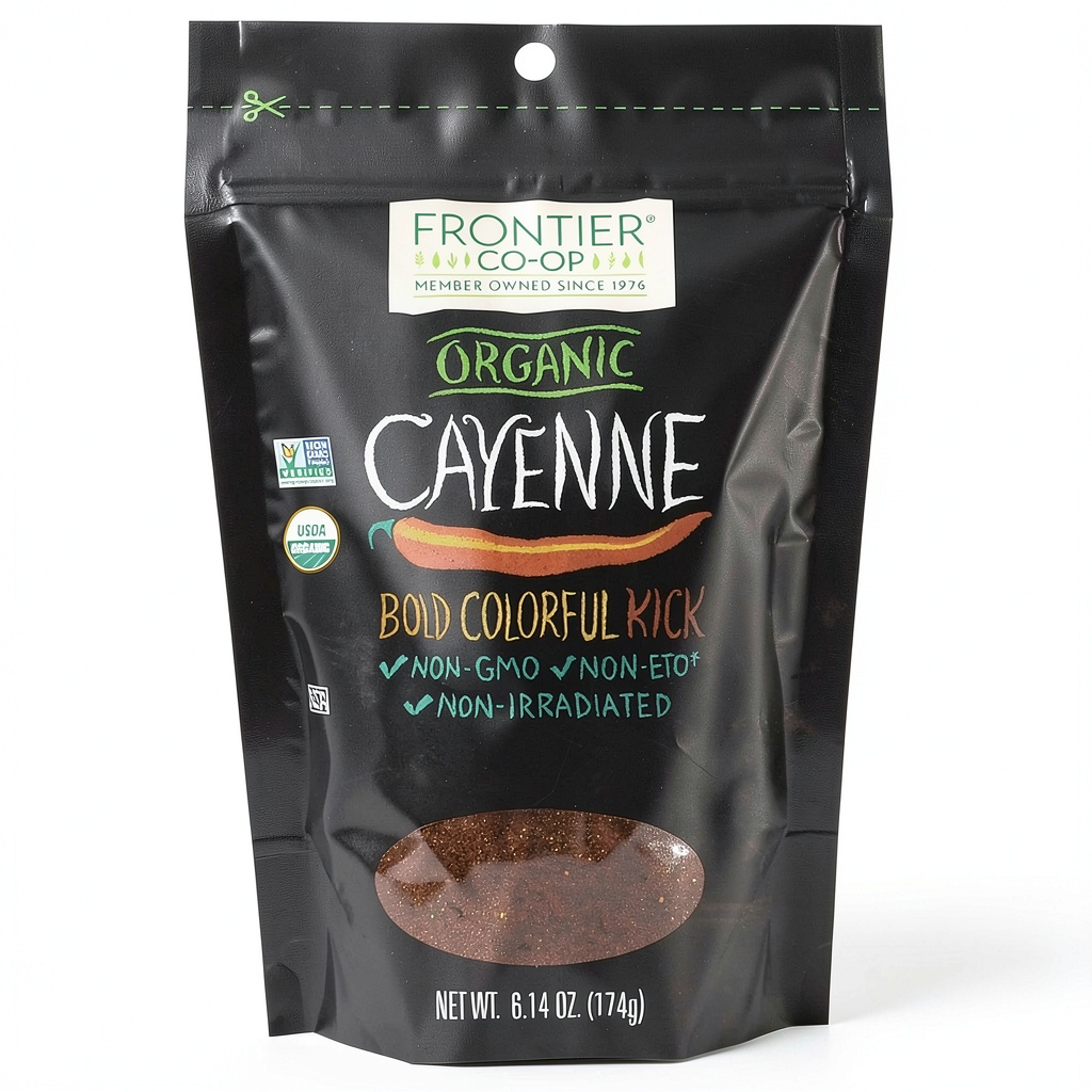 'Frontier Co-op Organic Chili Powder in resealable bag on kitchen counter'