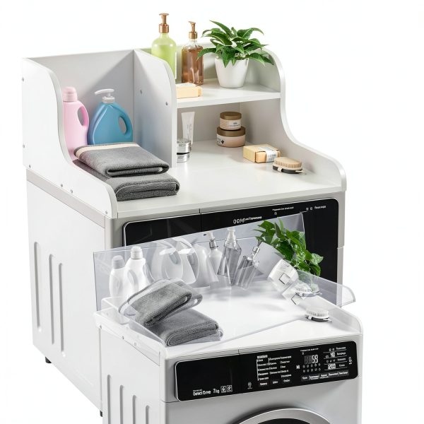DTK Washer Dryer Countertop with Shelf Single White Wood Design-3